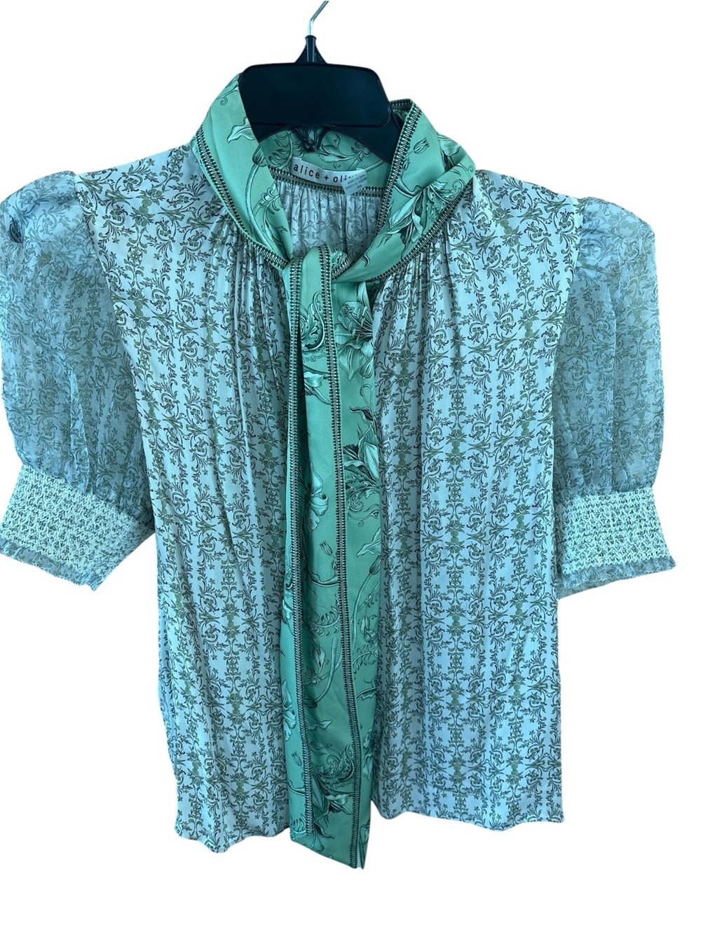 Alice + Olivia Mint Green Printed Tie-Neck Blouse
